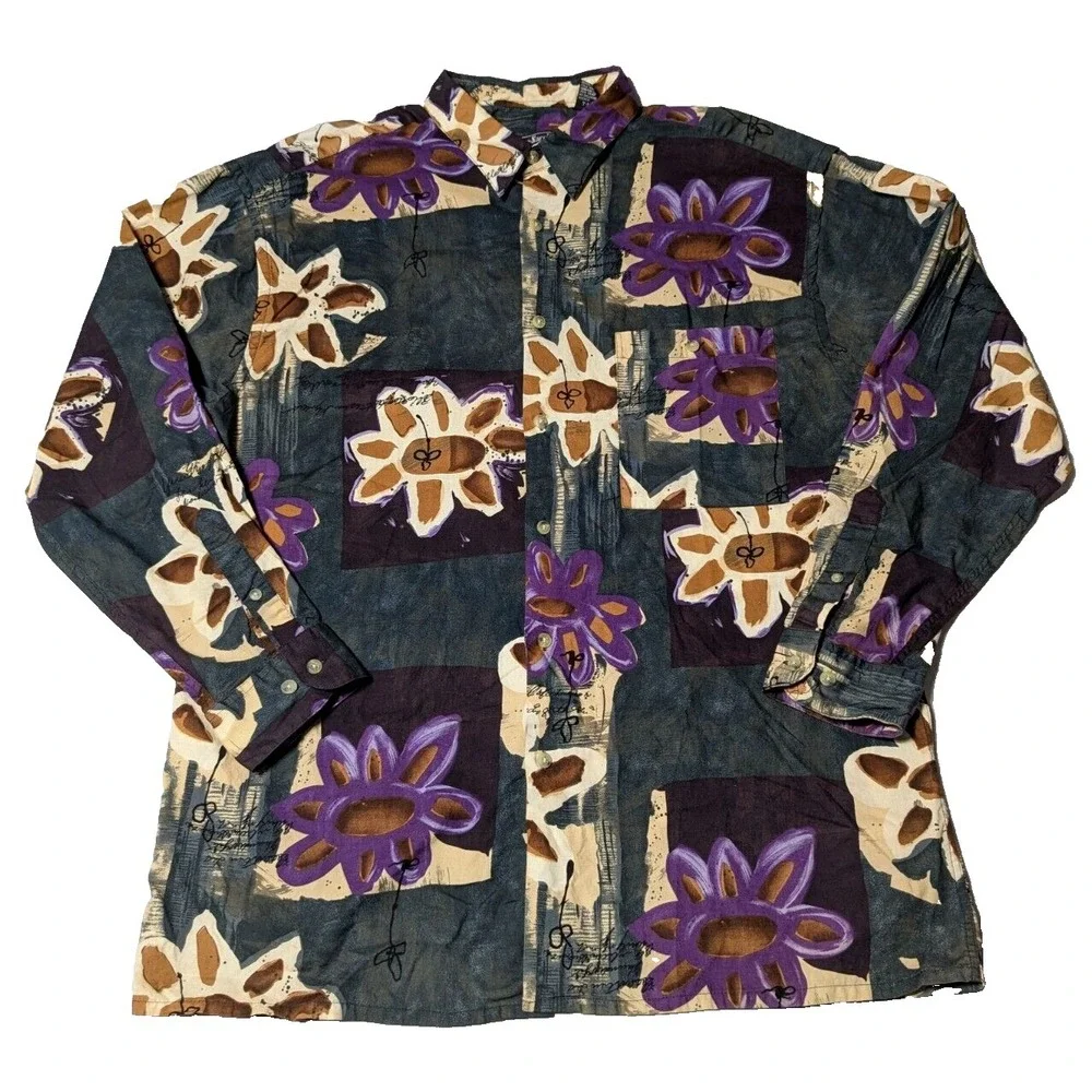 ENRICO SARCHI‎ Men Large Green Purple Floral AOP Cotton Button-Up Shirt
